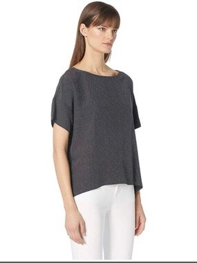 Eileen Fisher Charcoal Dot-Print Short Sleeve Boxy Top